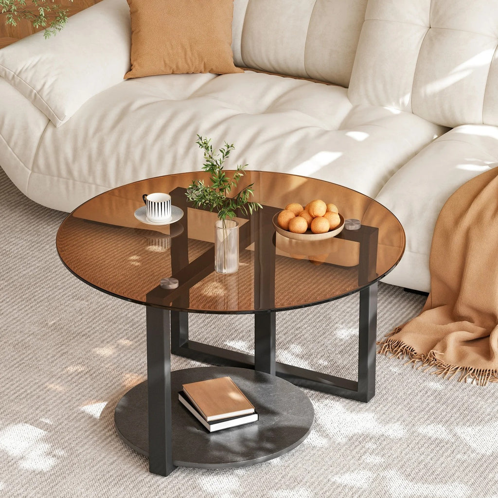 Table basse ronde en verre trempé teinté ambre