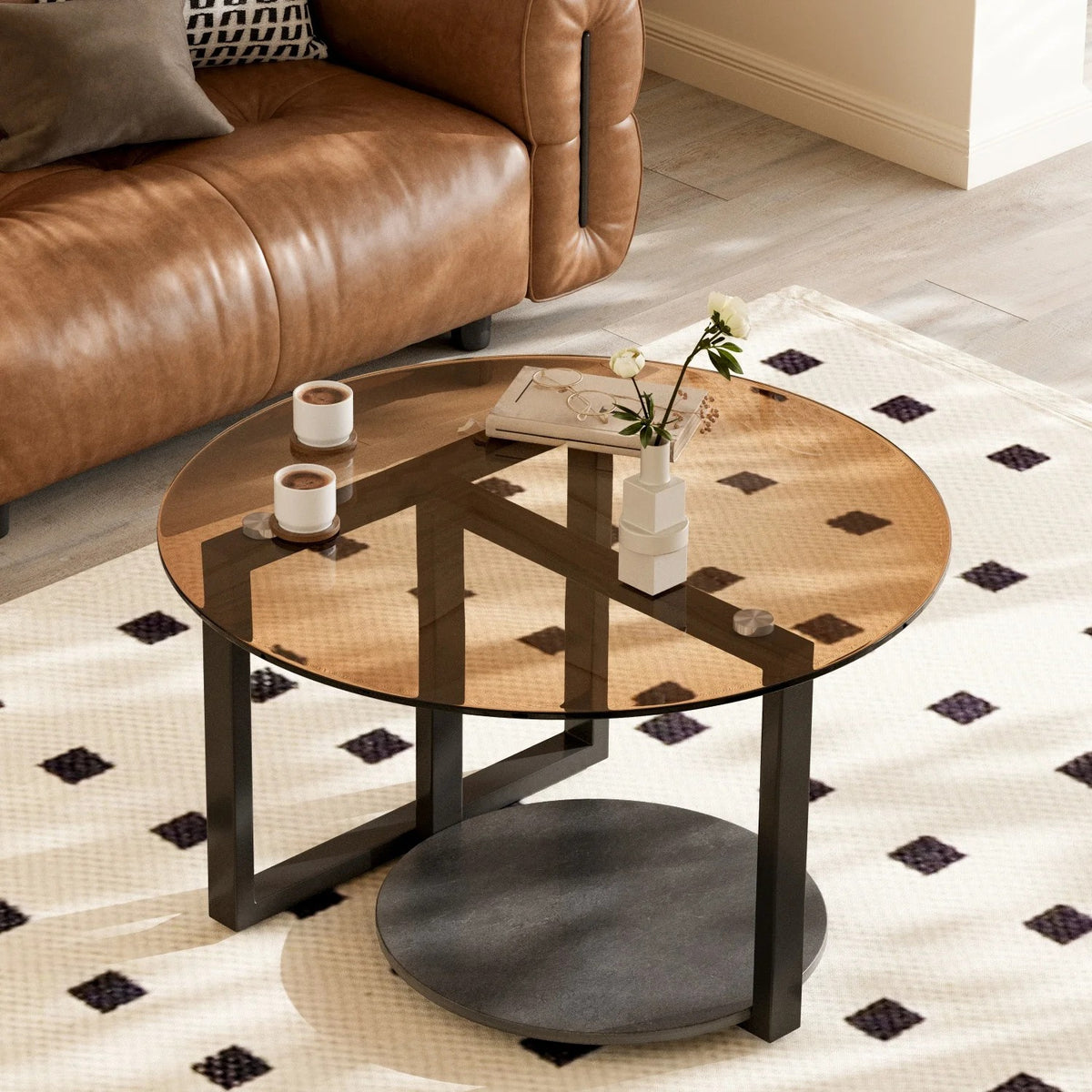 Able basse ronde en verre trempé teinté ambre