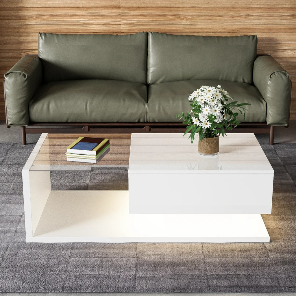 Table basse avec effet verre et LED